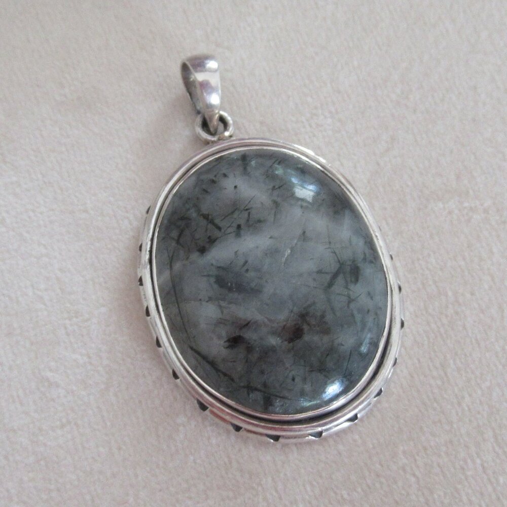 Sterling Silver and Gray Natural Gemstone Large Pendant, Marked 925
